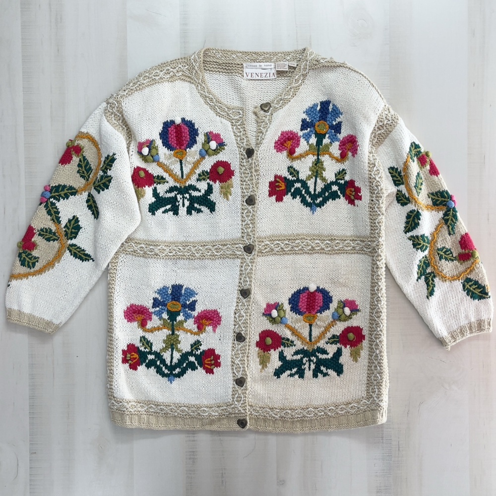 VENEZIA hand knit floral bird cardigan sweater vintage 14 16 - Picture 5 of 11